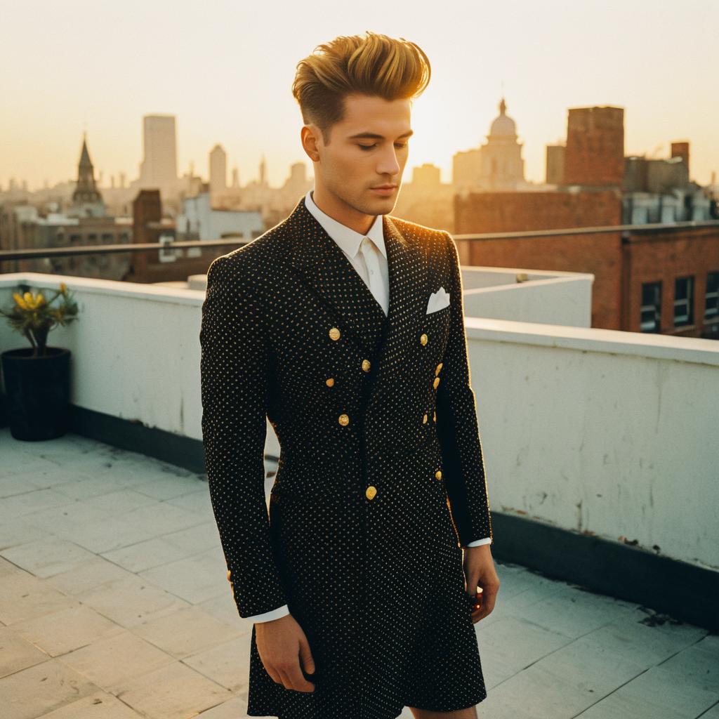 Stylish Young Man in Polka Dot Coat on Rooftop at Sunset