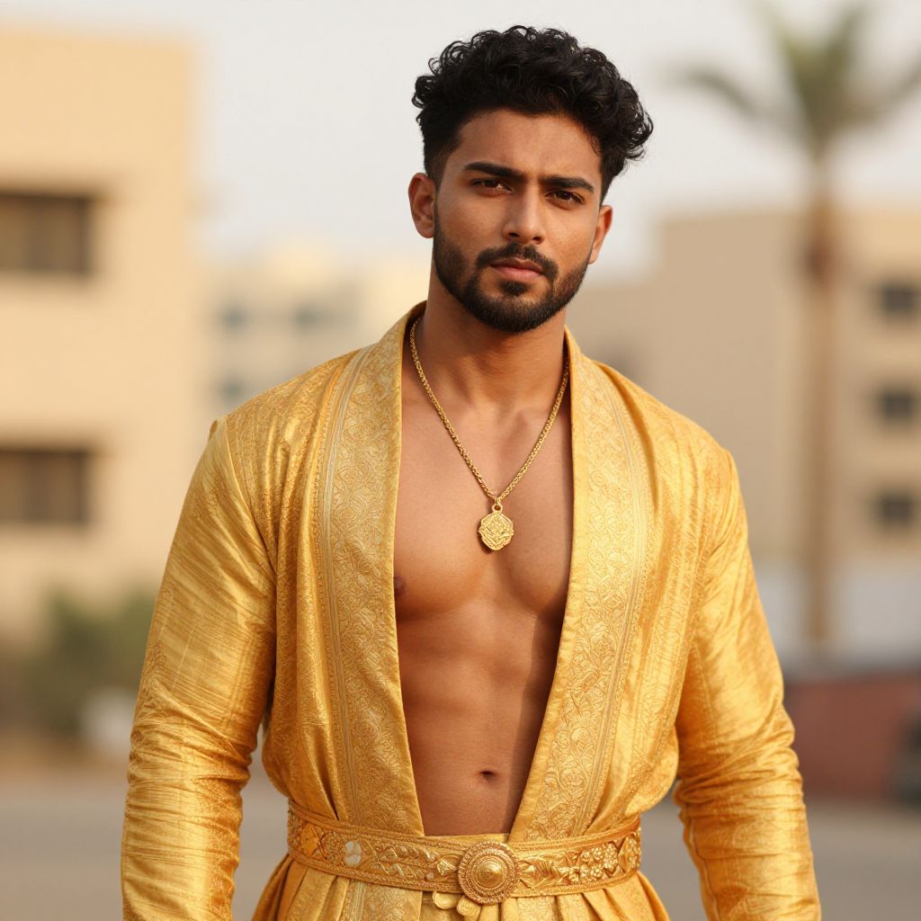 Confident Man Wearing Luxurious Golden Robe and Pendant Necklace