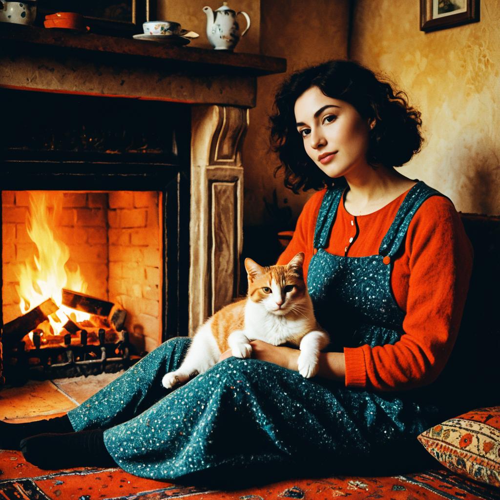 Woman Sitting by Fireplace with Cat in Cozy Vintage Setting