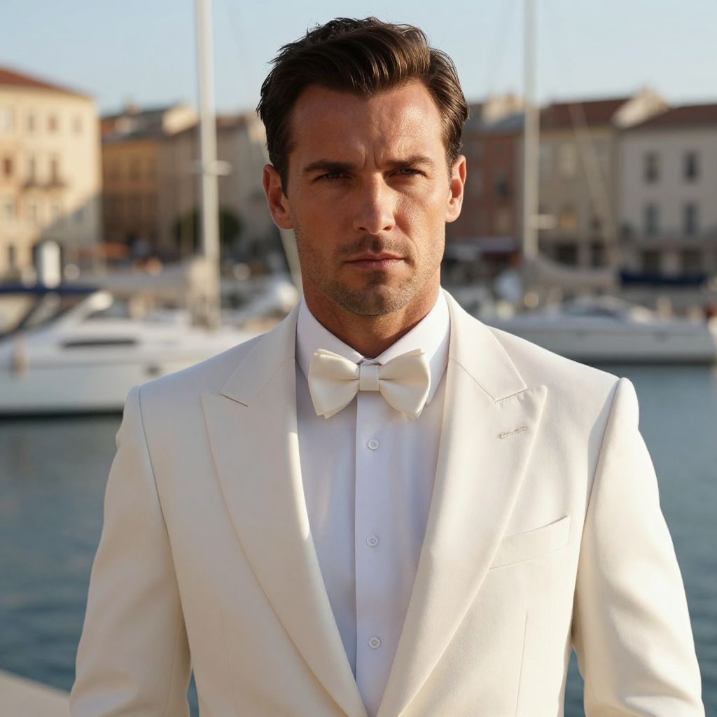 Man in White Tuxedo by Marina Wearing Bow Tie