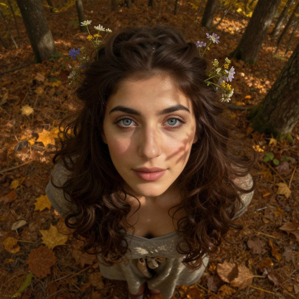 Young Woman in Autumn Forest with Wildflower Crown Looking Up