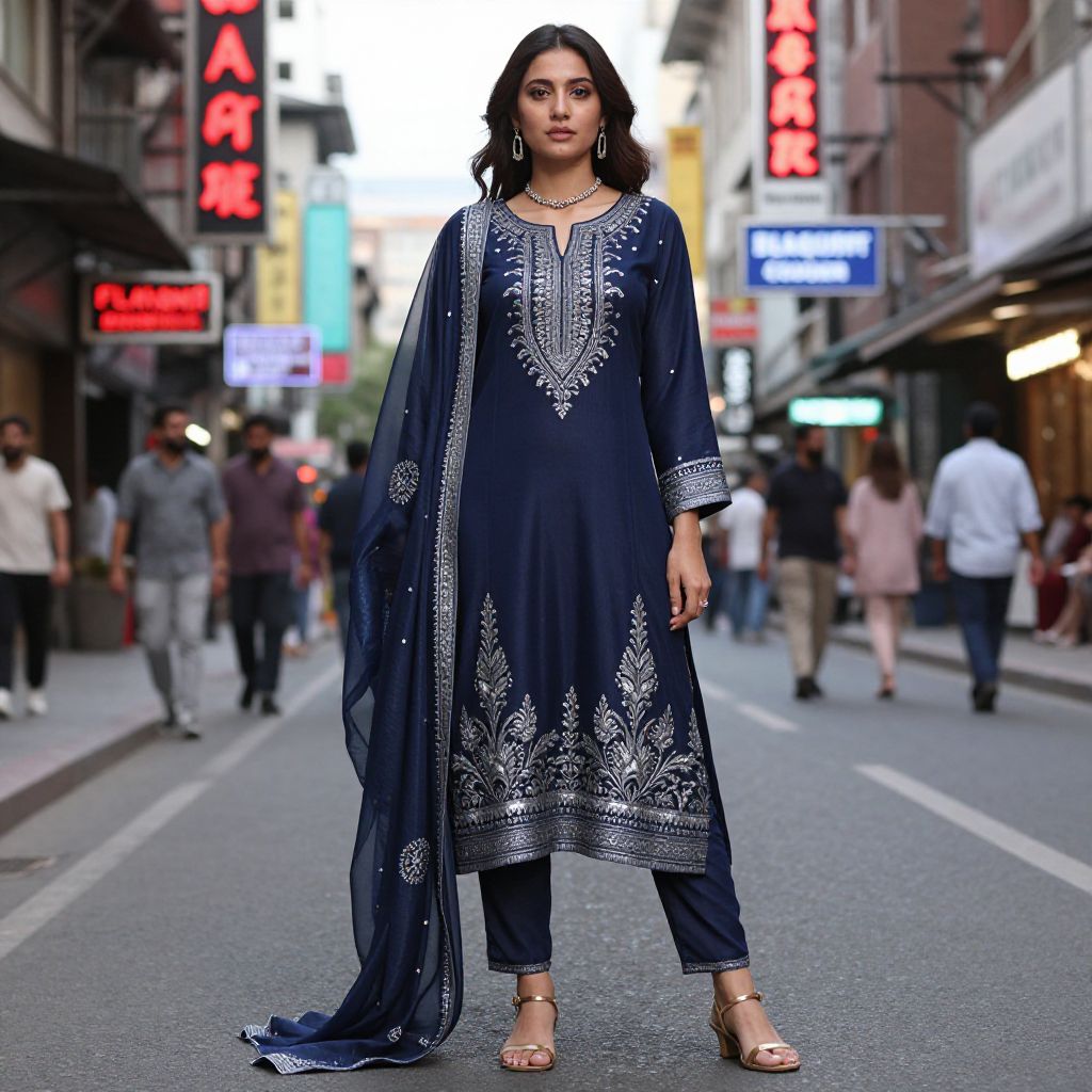Woman Wearing Navy Blue Embroidered Traditional Kurta on City Street