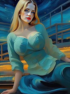 Digital Painting of Woman in Blue Top with Cityscape Background