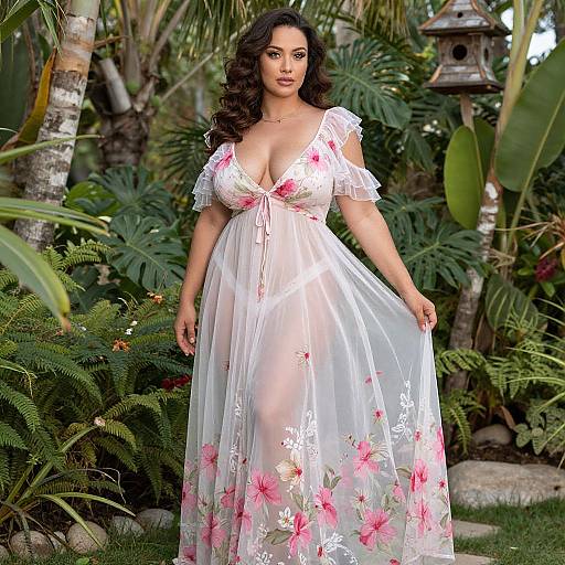 Elegant Woman in Sheer Floral Dress Outdoors in Garden Setting