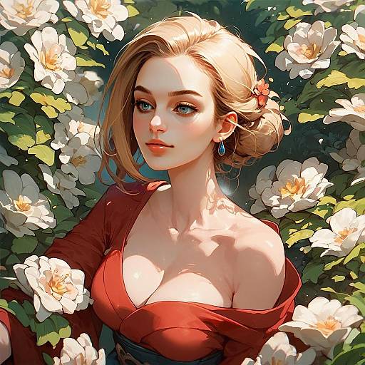 Blonde Woman in Red Dress Surrounded by White Flowers Digital Illustration