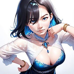 Confident Woman with Blue Eyes and Dark Hair in Elegant Attire