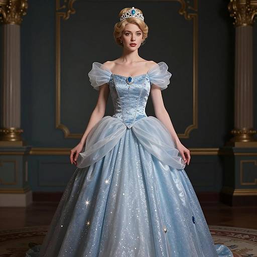 Elegant Woman in Sparkling Blue Cinderella Princess Ball Gown with Tiara
