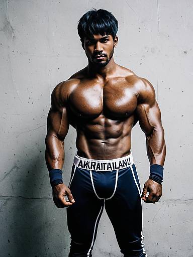 Muscular Man Posing in Athletic Wear Against Gray Wall