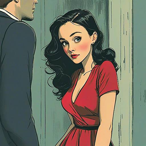 Digital Illustration of Woman in Red Dress with Man in Suit Comic Style