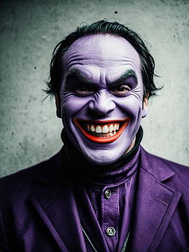 Photorealistic Man in Humorous Joker-Style Cosplay Costume with Purple Face Paint