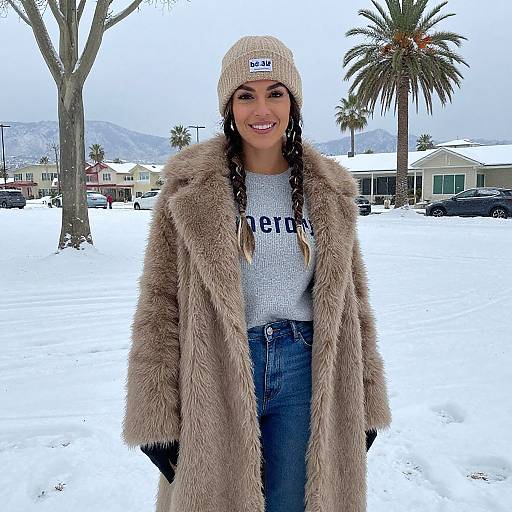 Stylish Woman in Beige Faux Fur Coat and Beanie in Snowy Neighborhood