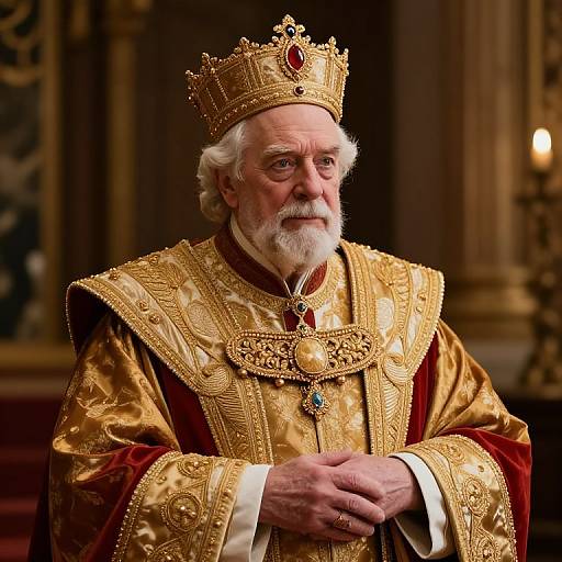 Royal King in Golden Crown and Embroidered Robes