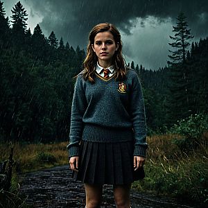 Young Woman in School Uniform on Rainy Forest Path