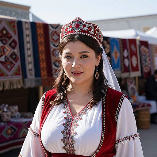 Young Woman in Traditional Central Asian Costume with Embroidered Headdress and Textiles
