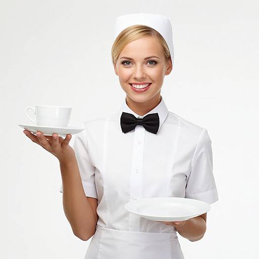 Friendly Professional Waitress Holding Cup and Plate in Classic Uniform