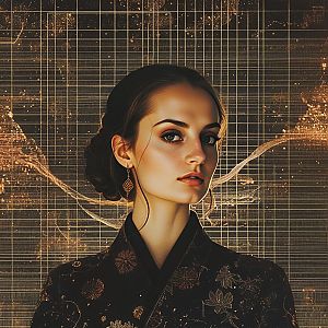 Elegant woman in dark garment with gold designs