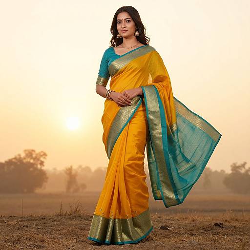 Traditional Yellow Saree with Green and Gold Borders Worn by Woman at Sunset