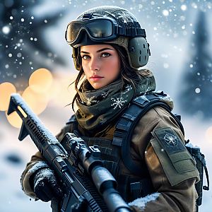 Young Woman Soldier in Winter Camouflage
