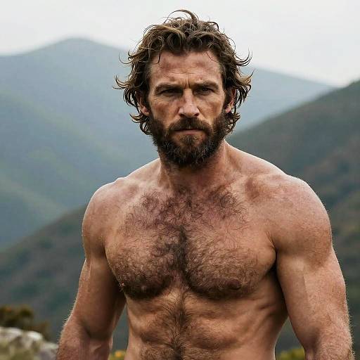 Rugged Muscular Man with Beard Outdoors in Mountain Landscape