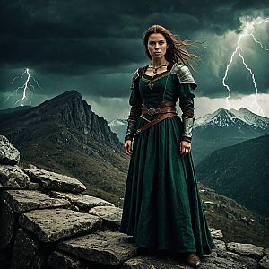 Determined Woman in Medieval Armor with Stormy Mountains