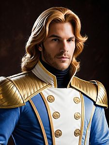 Photorealistic Portrait of Man in Prince Adam Costume with Gold Armor