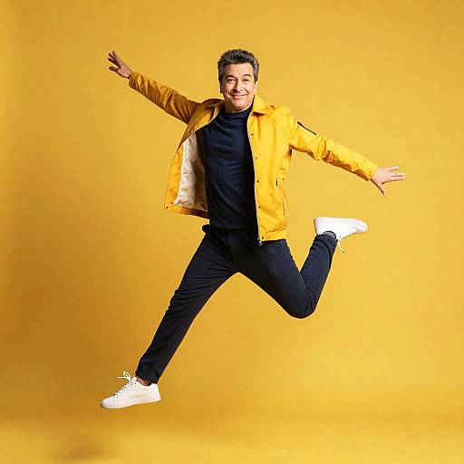 Joyful Middle-Aged Man Jumping in Yellow Jacket on Yellow Background