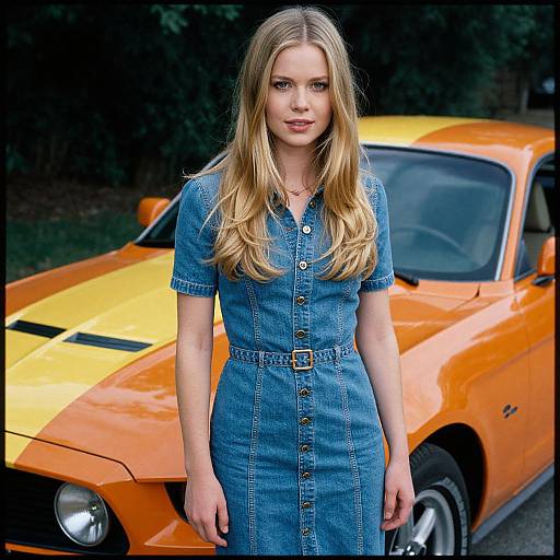 Blonde Woman in Denim Dress Posing by Vintage Orange Sports Car