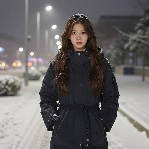Young Woman in Winter Coat Standing Outside in Snowy Evening