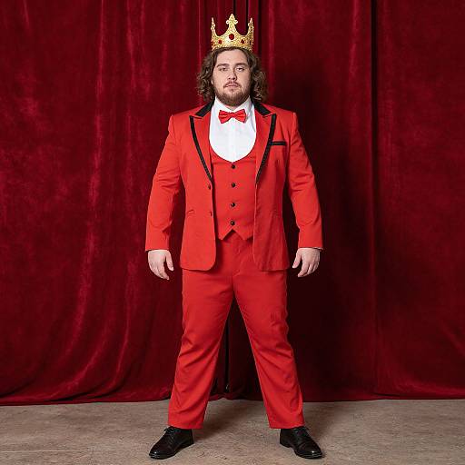 Man in Red Suit and Crown Standing Confidently Against Red Velvet Curtain