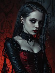 Gothic Woman Portrait in Red Corset and Dark Makeup