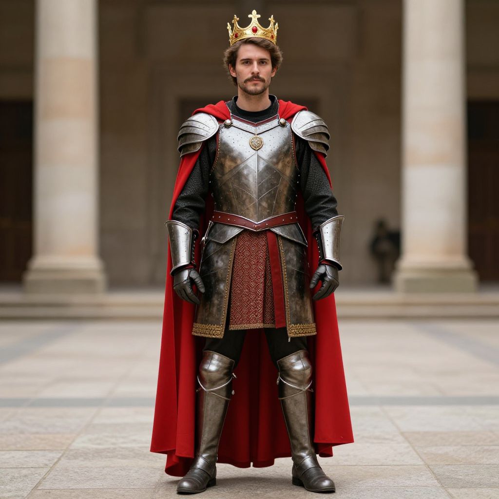 Medieval King in Armor with Red Cape and Crown