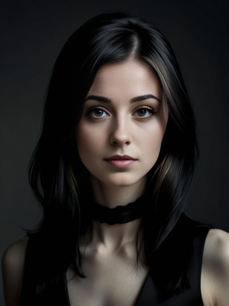 Striking portrait of a woman with dark hair and captivating gaze