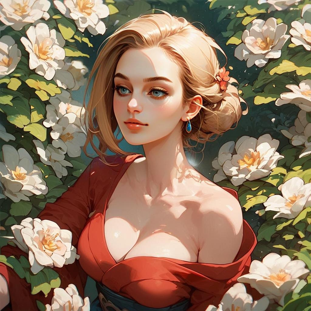 Blonde Woman in Red Dress Surrounded by White Flowers Digital Illustration
