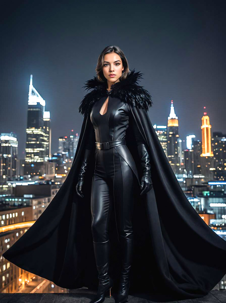 Confident Woman in Black Outfit on Rooftop Overlooking City