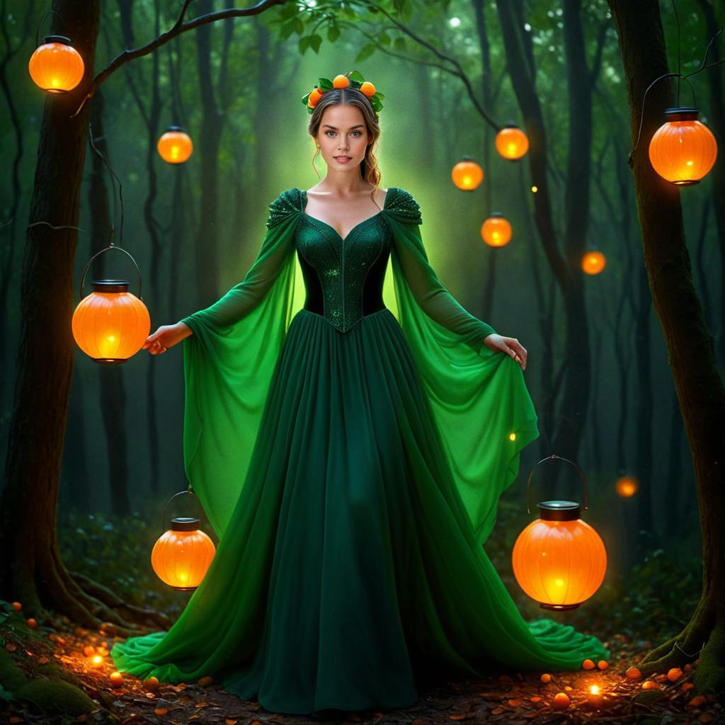 Woman in Green Gown Surrounded by Lanterns in Mystical Forest