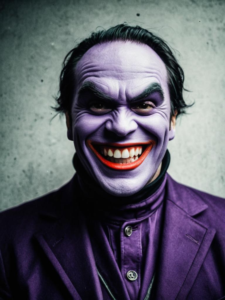 Photorealistic Man in Humorous Joker-Style Cosplay Costume with Purple Face Paint