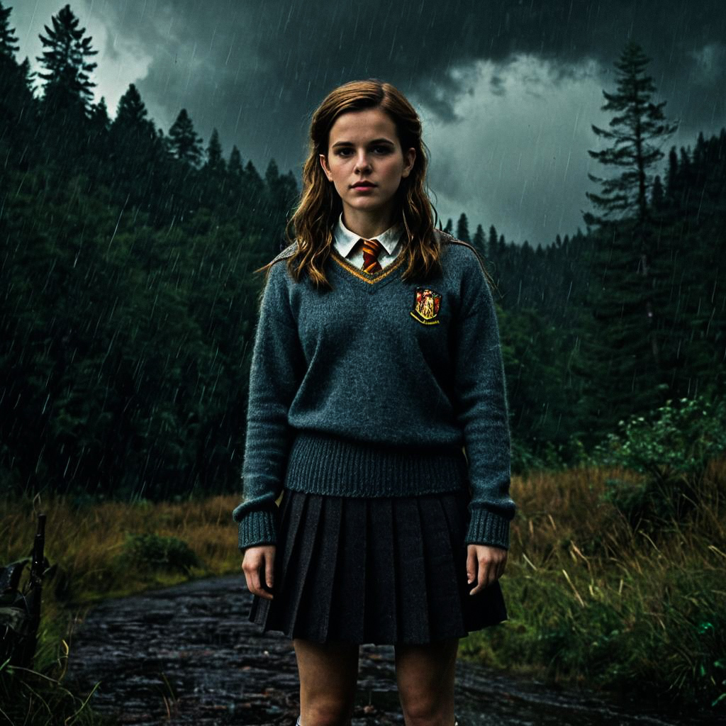 Young Woman in School Uniform on Rainy Forest Path