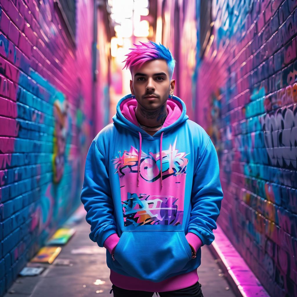 Young Man in Colorful Graffiti Alley