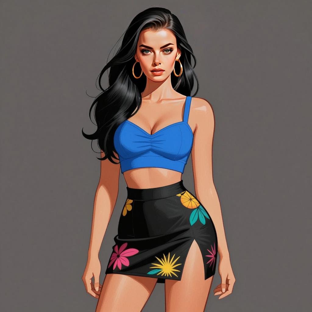 Stylish Young Woman in Blue Crop Top and Floral Mini Skirt Digital Art