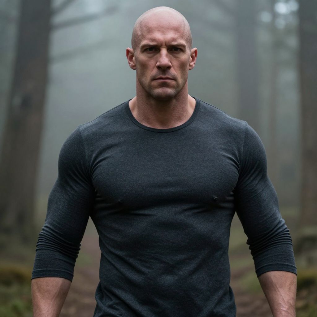 Muscular Bald Man in Dark Shirt Standing Serious in Foggy Forest