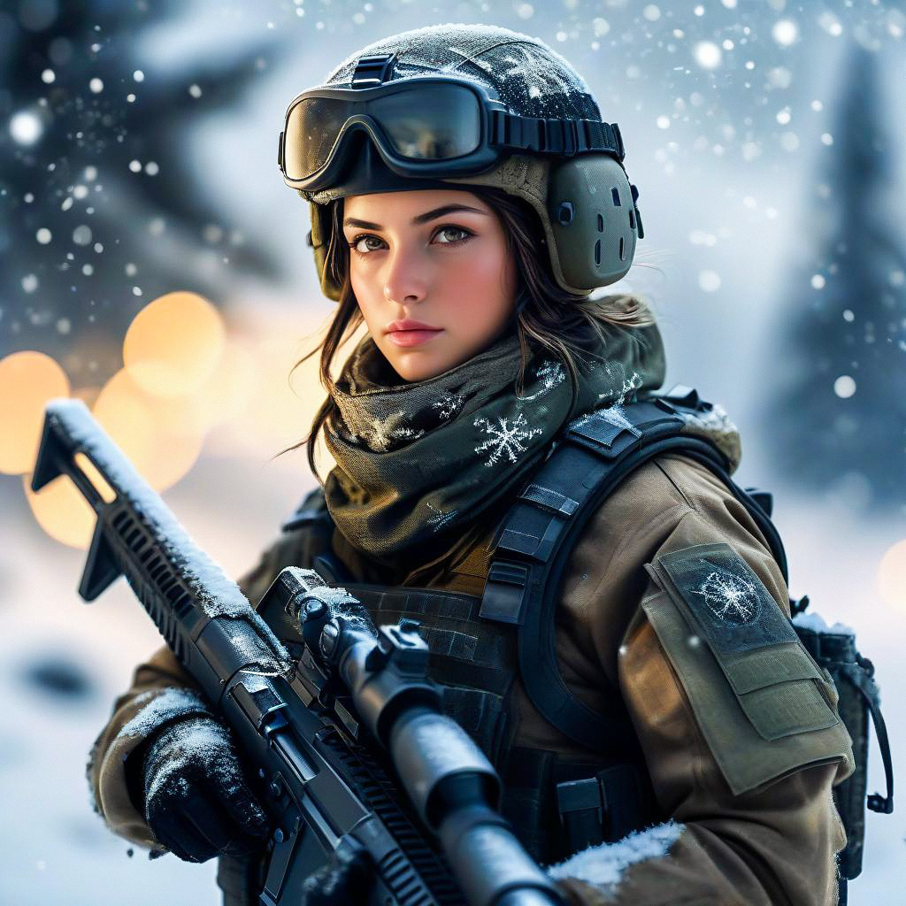 Young Woman Soldier in Winter Camouflage