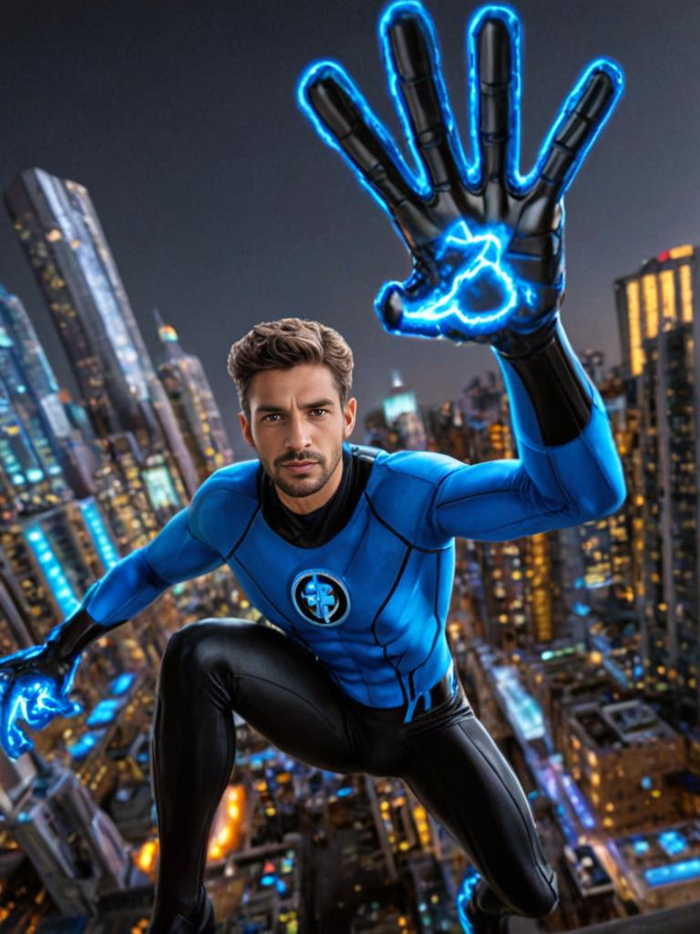 Man resembling Mr. Fantastic with glowing blue energy in night cityscape