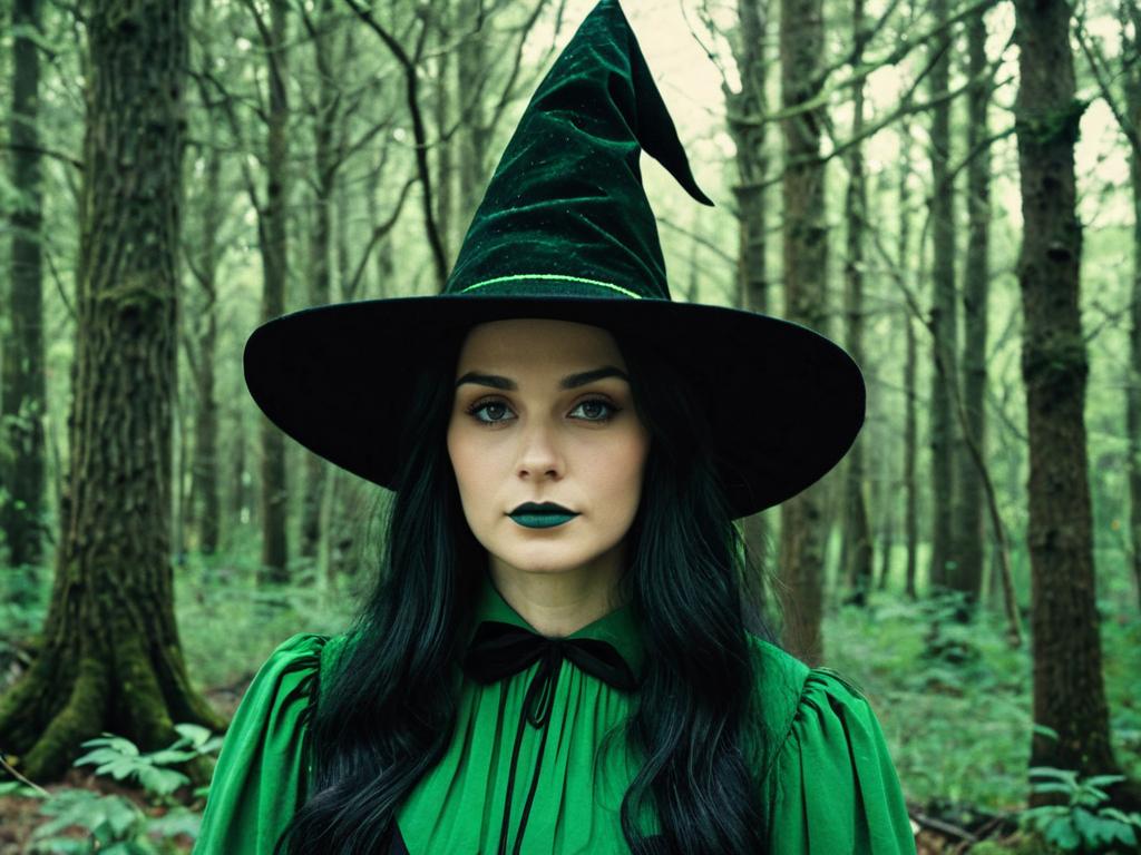 Woman in Green Witch Fancy Dress with Black Hat in Forest