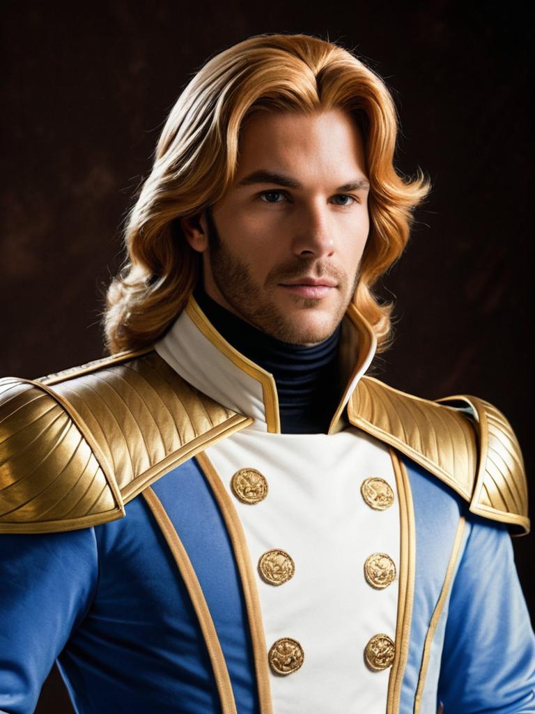 Photorealistic Portrait of Man in Prince Adam Costume with Gold Armor
