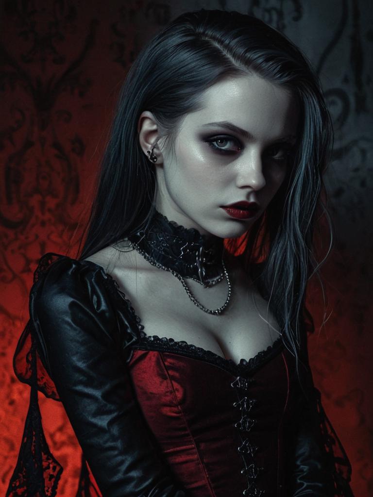 Gothic Woman Portrait in Red Corset and Dark Makeup