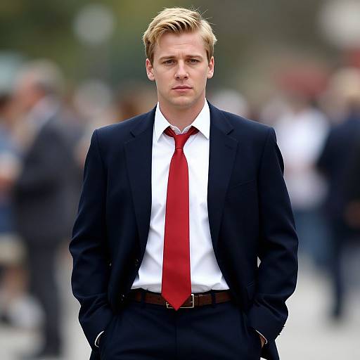 Young Man in Navy Blue Suit with Red Tie Outdoors