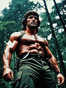 Muscular Man in Rambo First Blood Costume with Cinematic Realism Low Angle