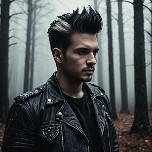 Young Man in Leather Jacket in Foggy Forest