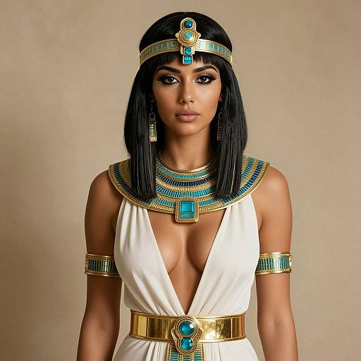 Elegant Woman in Ancient Egyptian Costume with Gold and Turquoise Jewelry