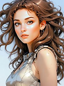 Hyper-realistic portrait of a young woman in metallic armor